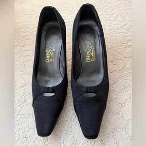 Salvatore Ferragamo Black Satin Pointed Toe Pumps with Bow Accent